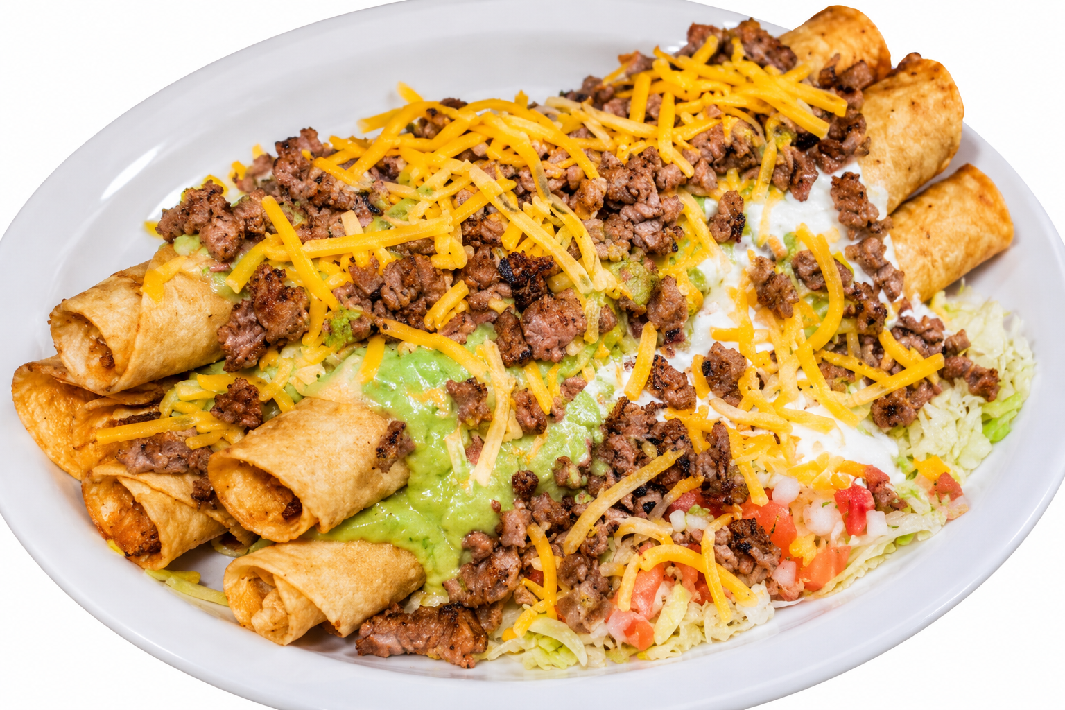 Loaded taquito plate piled high with carne asada, cheese, guacamole and sour cream