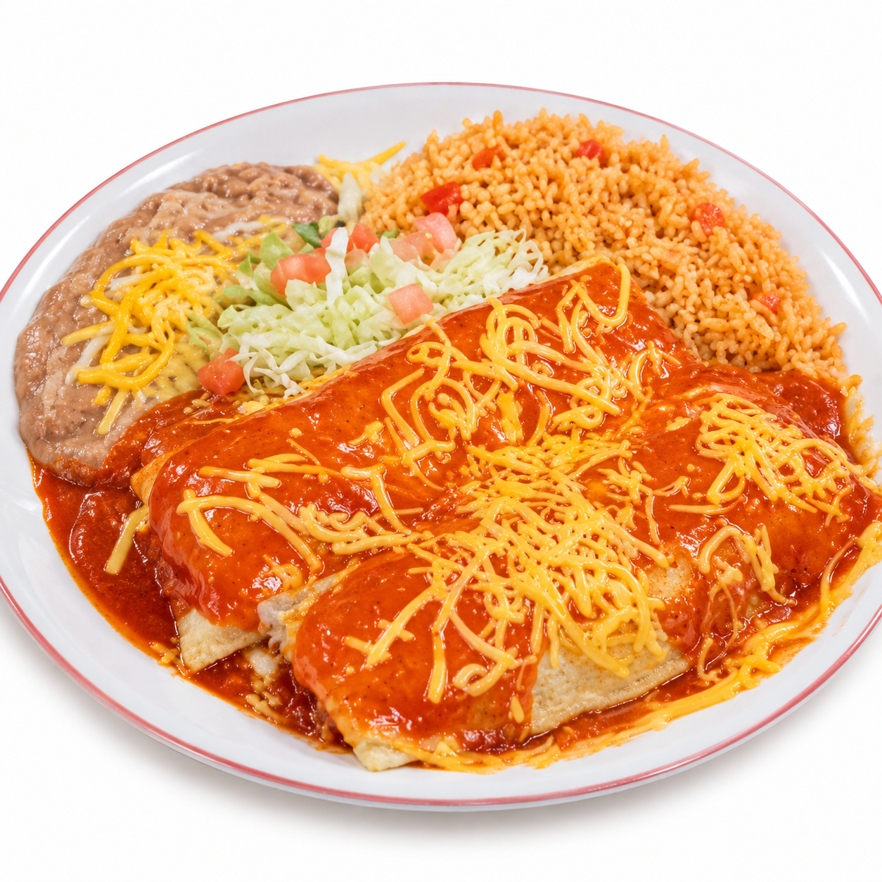 Enchiladas covered in red sauce and melted cheese with rice and beans
