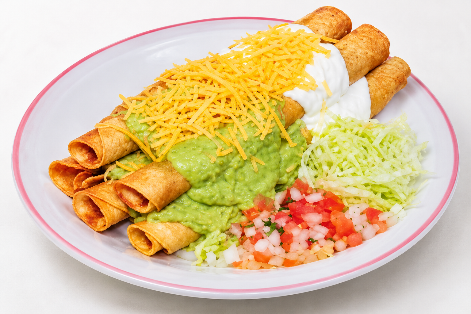 Flautas topped with guacamole, shredded cheese, sour cream and pico de gallo