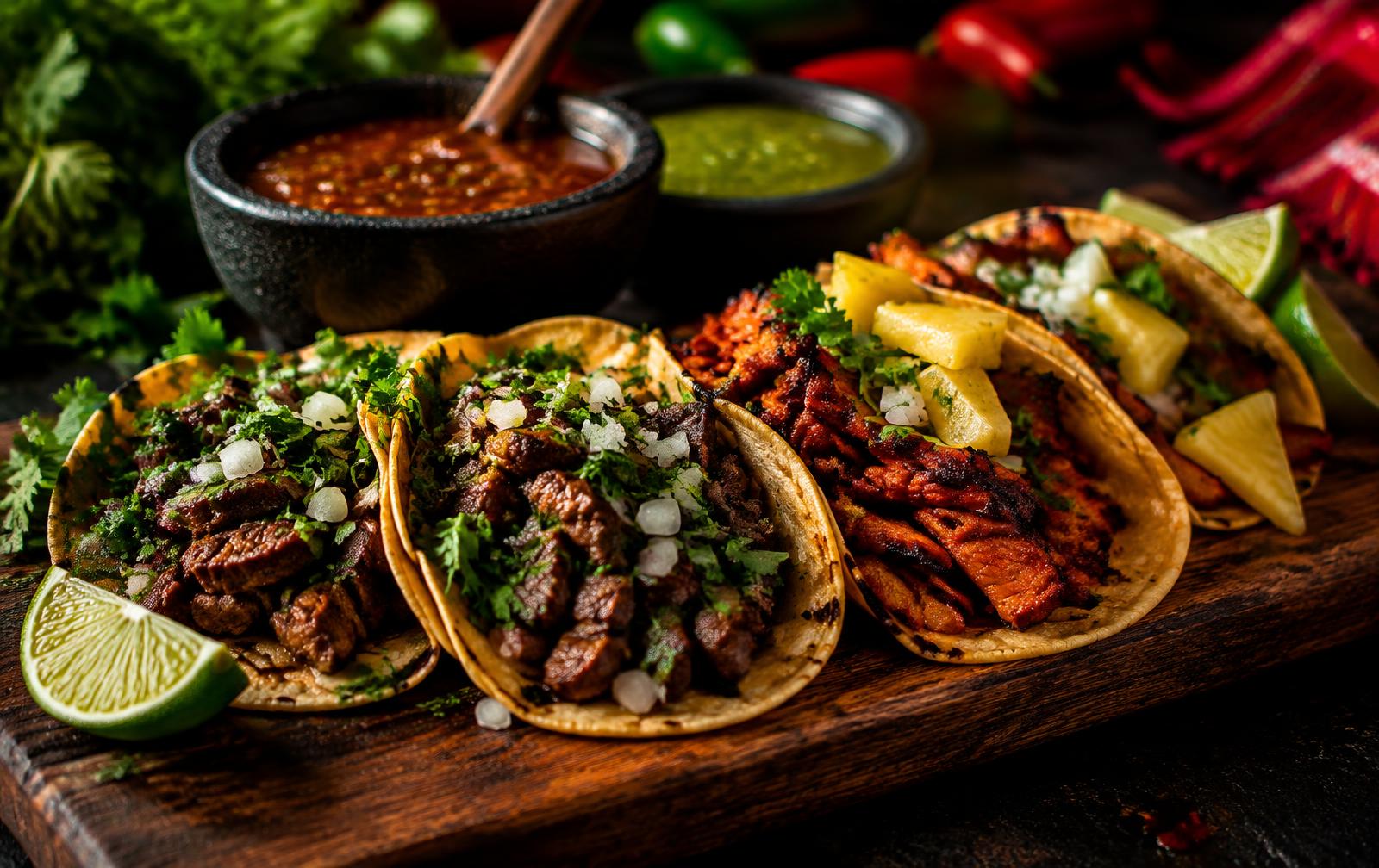 Carne asada and al pastor street tacos with fresh salsa and lime